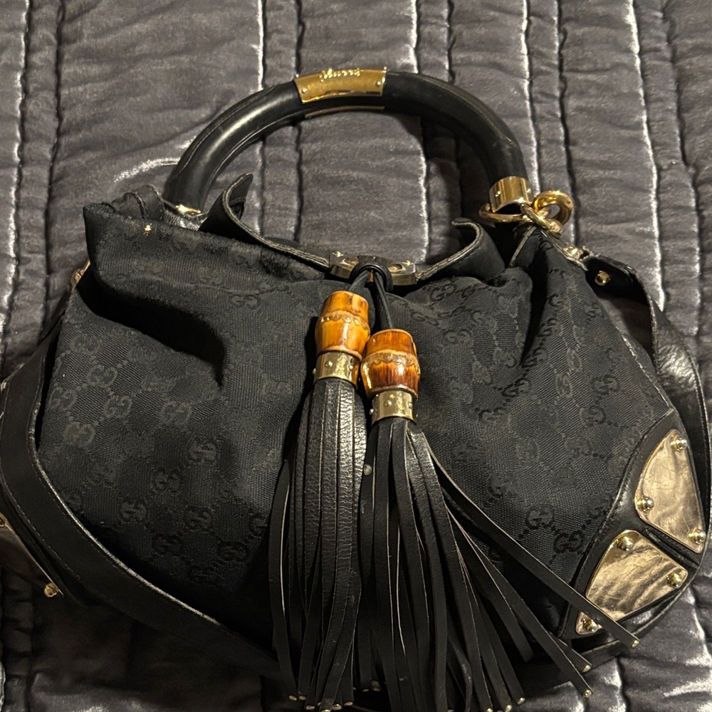 Gucci Black Shoulder Bag with Gold and Brown Accents